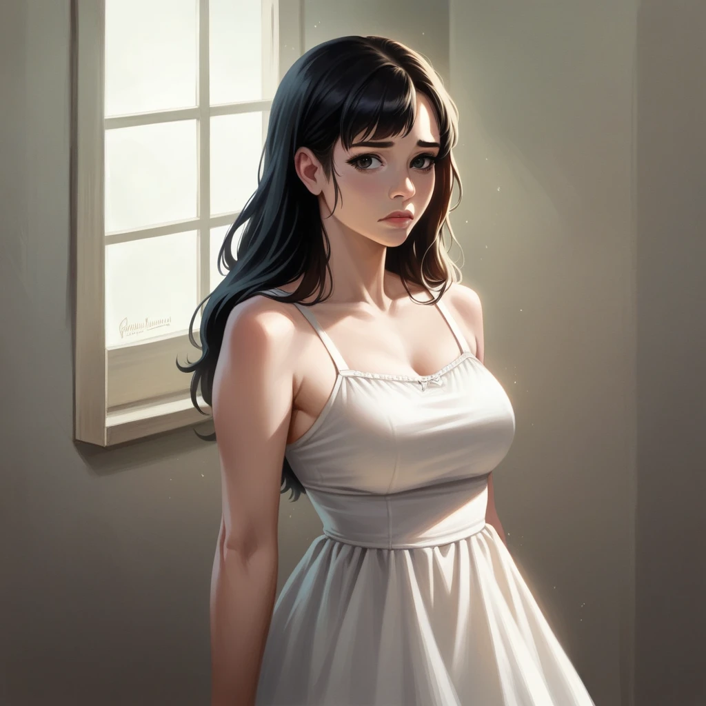 beautiful sad girl with realistic black eyes, pale skin, mid-length black hair, perfect face, perfect eyes, wearing sundress, highly detailed, comprehensive cinematic, digital painting, 8k, cinematic lighting, best quality, highres, detailed work, post-processing, perfect result, hyper realistic
