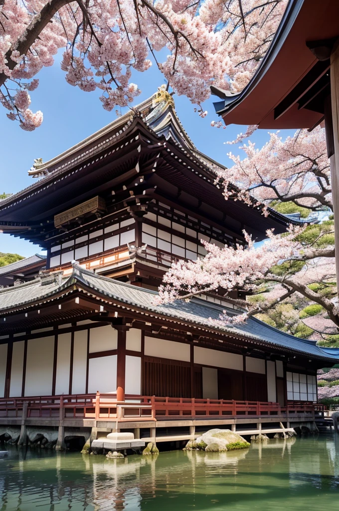 Create a highly realistic, photo-like image of the majestic scenery of Ninna-ji Temple in Kyoto. Focus on the grand pagoda and main hall, surrounded by either blooming cherry blossoms in spring or vibrant autumn leaves. Include traditional stone lanterns and serene gardens, capturing the historic and peaceful atmosphere under a clear blue sky or during a beautiful sunset