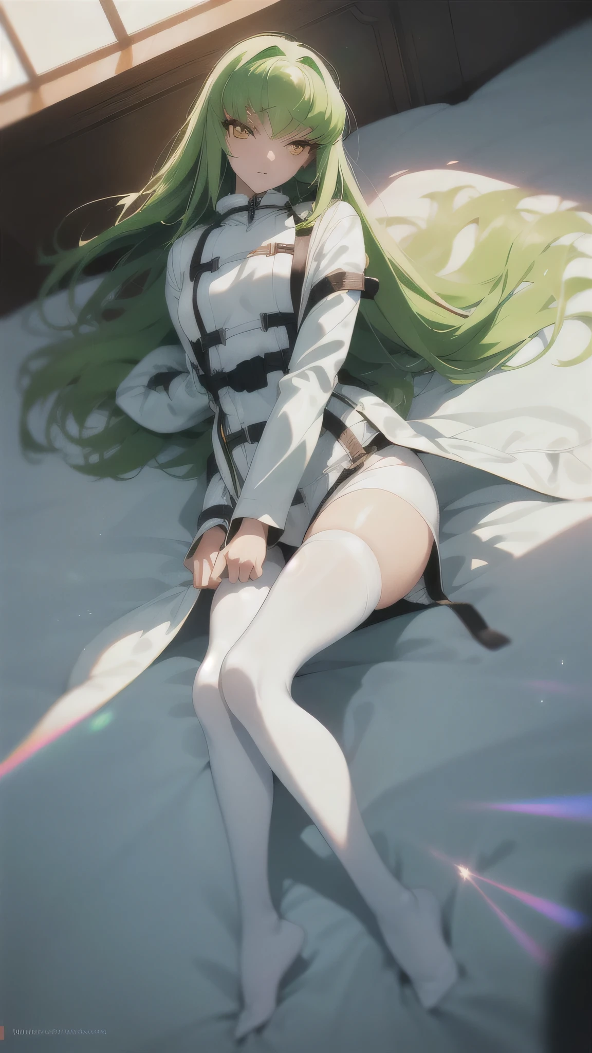 c.c., Expressionless, (Look at other people:1.1), (Lie in:1.2), On the floor, Focus Only, From above,
(masterpiece, Highest quality, Super detailed), (Beautifully detailed face, Beautiful attention to detail), Long sleeve, Put your hands into opposite sleeves,
Orange eyes, Green Hair, Very long hair, (White straitjacket:1.6), Black belt, The legs are off the frame,
mksks style, Beautiful background, (chromatic aberration, Lens flare, indoor, bedroom, bed sheet, bed, Particles of light, Holographic interface:1.2)