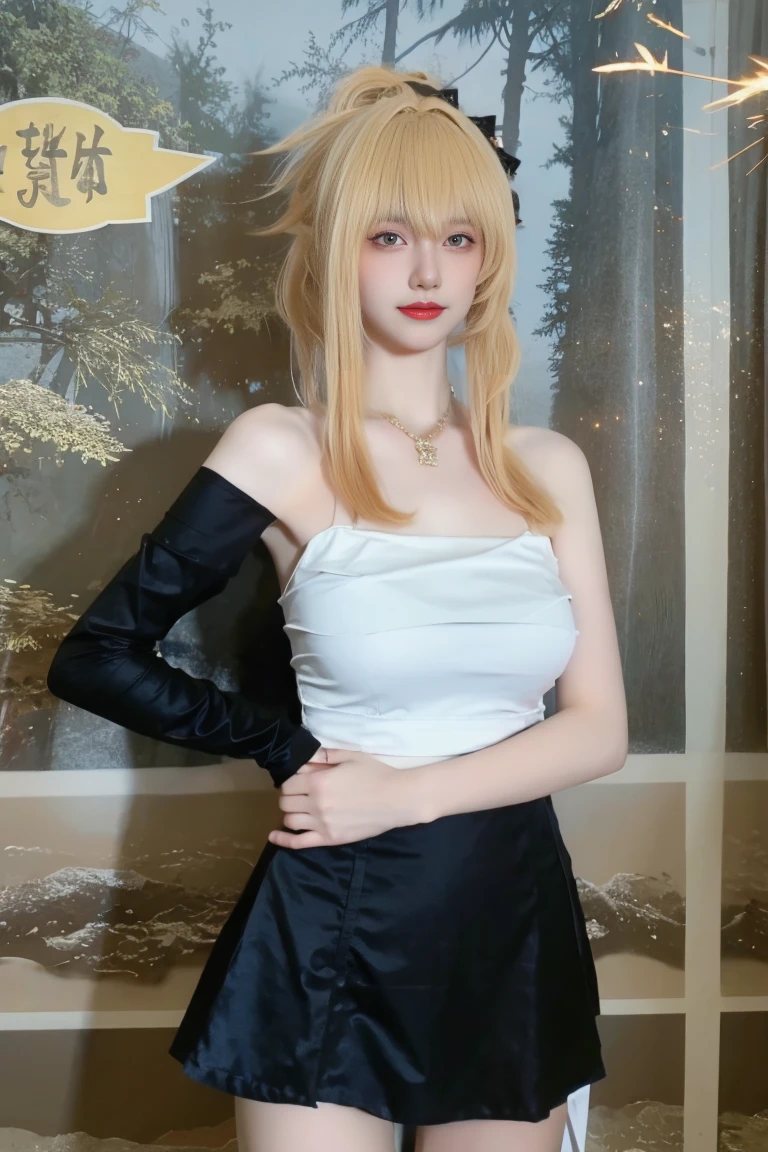  best quality, tmasterpiece,Ultra-high resolution,Clear face,（Reality：1.4），ferpect lighting，(upper body shot), (photorealistic:1.50), anime wallpaper, Guviz style artwork, cover-up fantasy up to magic , by Yang J, Guviz, beautiful artwork illustration, beautiful digital artwork, beautiful digital illustration, Li Song, beautiful anime portrait, art style in Beauvot,1girl, solo, long hair, blonde hair, Ponytail hair, Hair ribbon, Bangs, hair ornament, black dress, short dress, Thigh, standing,