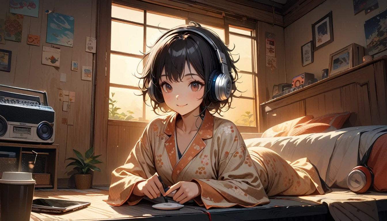 ((8k of extremely detailed CG unit, Masterpiece, high resolution, highest quality, highest quality real texture skin)), (((Japanese patterned pajamas))), (((Cute room))), (((Japanese style headphones))), (((iced coffee))), (((Smiling and listening to music))), ((1 girl)), (Black hair, messy hair, beige skin), (Surreal, digital painting), (((Warm lighting))), (((Dimly lit room))), (((Boombox)))
