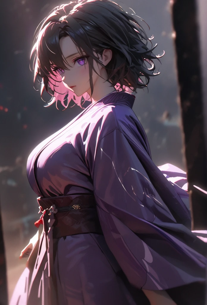 (solo), pitch black hair, messy hair, mane hair, short hair, dense hair, wild hair, expressive hai,(25 year old), pale skin, ((Female)), purple eyes, beautiful girl, wearing a black and purple kimono, beautiful, attractive, huge breast, big ass, Yin, eye reflection, depth of field, thunder aura, cinematic lighting, ray tracing, depth of field, cinematic lighting, ray tracing, UHD, high details, best quality, highres, high quality, award winning, super detail, masterpiece, 8k, UHD, high details, best quality, highres, high quality, award winning, super detail, masterpiece, 8k, digital art, anime coloring, body shot, full body, good face, perfect face, detailed face, good eyes. The background is space. A blackhole in the background.