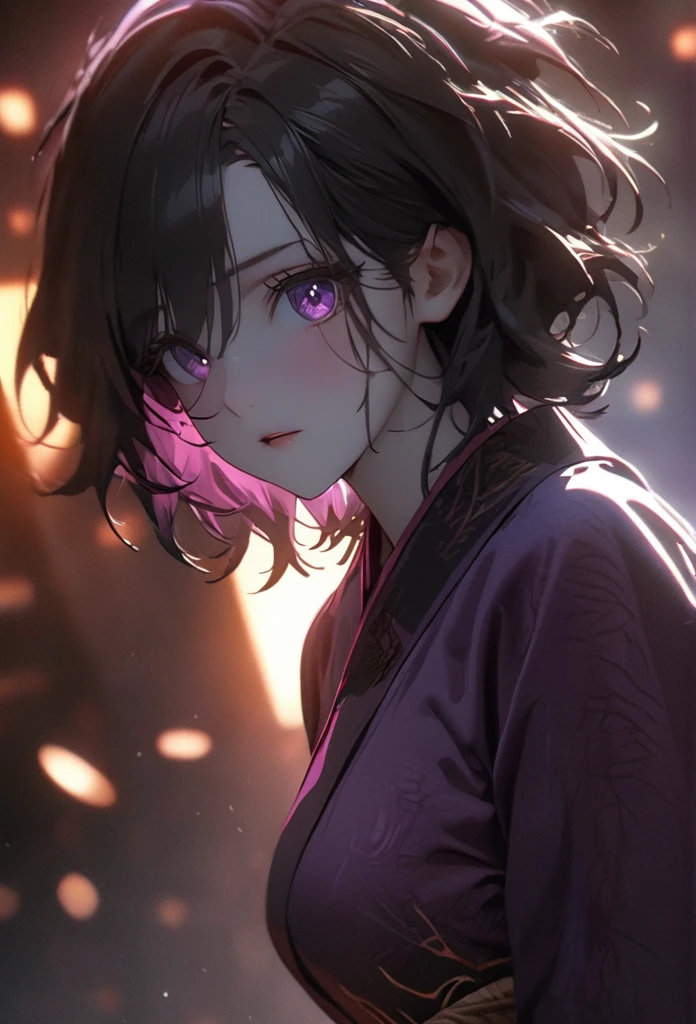 (solo), pitch black hair, messy hair, mane hair, short hair, dense hair, wild hair, expressive hai,(25 year old), pale skin, ((Female)), purple eyes, beautiful girl, wearing a black and purple kimono, beautiful, attractive, huge breast, big ass, Yin, eye reflection, depth of field, thunder aura, cinematic lighting, ray tracing, depth of field, cinematic lighting, ray tracing, UHD, high details, best quality, highres, high quality, award winning, super detail, masterpiece, 8k, UHD, high details, best quality, highres, high quality, award winning, super detail, masterpiece, 8k, digital art, anime coloring, body shot, full body, good face, perfect face, detailed face, good eyes. The background is space. A blackhole in the background.