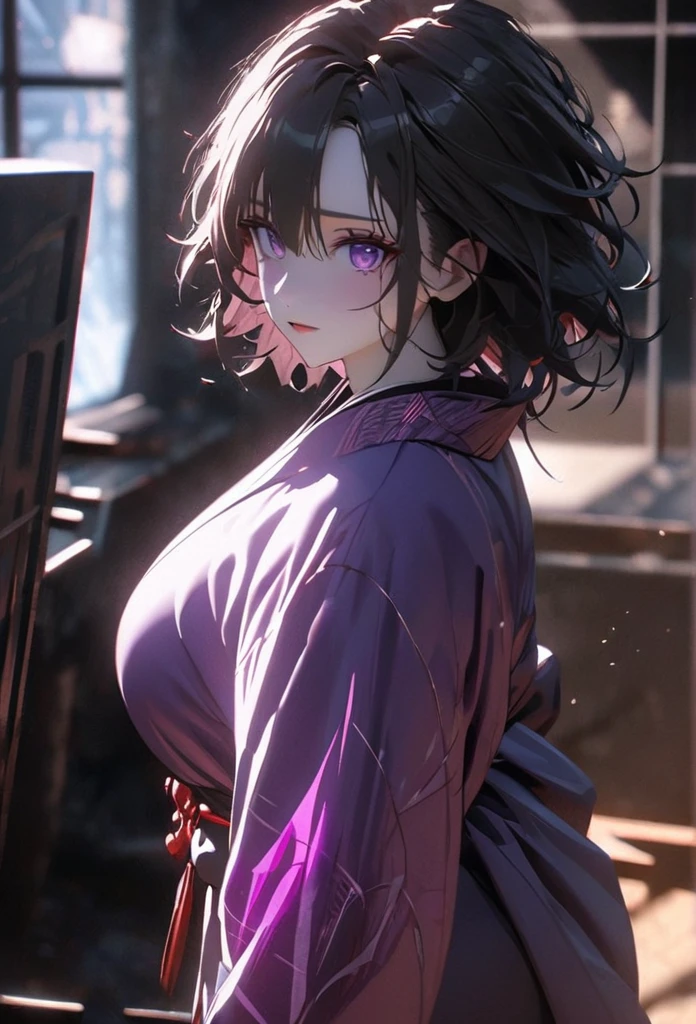 (solo), pitch black hair, messy hair, mane hair, short hair, dense hair, wild hair, expressive hai,(25 year old), pale skin, ((Female)), purple eyes, beautiful girl, wearing a black and purple kimono, beautiful, attractive, huge breast, big ass, Yin, eye reflection, depth of field, thunder aura, cinematic lighting, ray tracing, depth of field, cinematic lighting, ray tracing, UHD, high details, best quality, highres, high quality, award winning, super detail, masterpiece, 8k, UHD, high details, best quality, highres, high quality, award winning, super detail, masterpiece, 8k, digital art, anime coloring, body shot, full body, good face, perfect face, detailed face, good eyes. The background is space. A blackhole in the background.