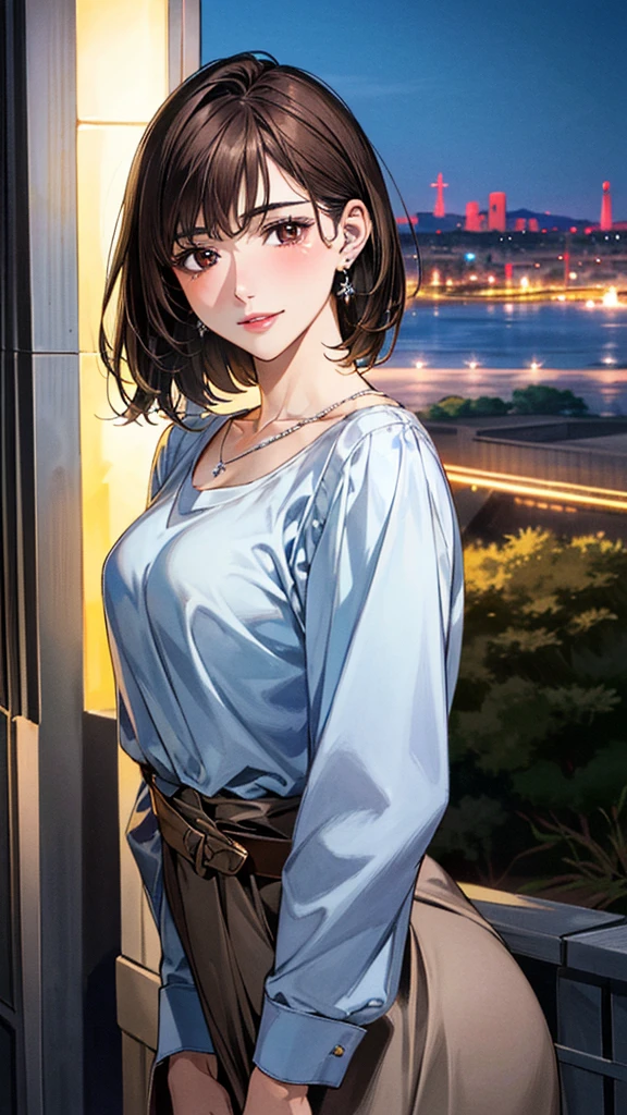 (masterpiece:1.3, Highest quality, Ultra-high resolution, Super detailed), (Realistic, photoRealistic:1.4), Beautiful illustrations, Perfect lighting, colorful, Depth of written boundary, Beautiful detailed hair, Beautifully detailed face, Beautiful fine details, Droopy eyes、Beautiful clavicle, Beautiful body, 美しいLarge Breasts, Beautiful thighs, Beautiful feet, Beautiful fingers, View Viewer、Front view:0.6, Beauty1人, Japanese, Beauty、30 years old, Perfect Face, (Perfect ???????, Anatomically correct), Cute and symmetrical face, Baby Face, , Shiny skin, (with thin belt、Blue long sleeve A-line shirt dress:1.4) (Dark brown hair, Short Hair:1.4), Dark brown eyes, Large Breasts, Slim body, necklace, Small earrings:1.1, (Beautiful views), (night), (city, cityscape in the distance), Riverside、Are standing, A soft smile、(Smile, Lips parted),