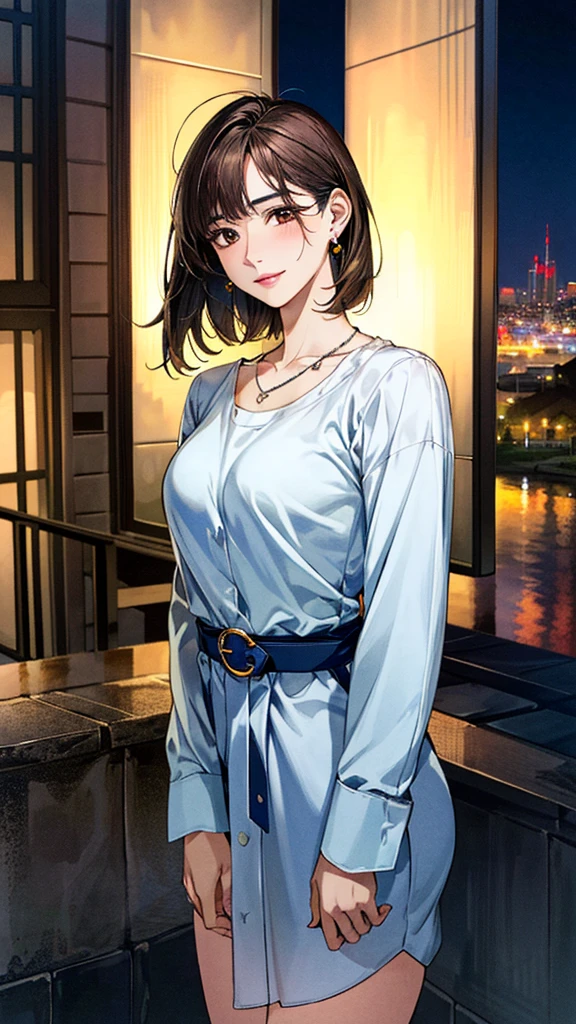 (masterpiece:1.3, Highest quality, Ultra-high resolution, Super detailed), (Realistic, photoRealistic:1.4), Beautiful illustrations, Perfect lighting, colorful, Depth of written boundary, Beautiful detailed hair, Beautifully detailed face, Beautiful fine details, Droopy eyes、Beautiful clavicle, Beautiful body, 美しいLarge Breasts, Beautiful thighs, Beautiful feet, Beautiful fingers, View Viewer、Front view:0.6, Beauty1人, Japanese, Beauty、30 years old, Perfect Face, (Perfect Anatomy, Anatomically correct), Cute and symmetrical face, , , Shiny skin, (with thin belt、Blue long sleeve A-line shirt dress:1.4) (Dark brown hair, Short Hair:1.4), Dark brown eyes, Large Breasts, Slim body, necklace, Small earrings:1.1, (Beautiful views), (night), (city, cityscape in the distance), Riverside、Are standing, A soft smile、(Smile, Lips parted),