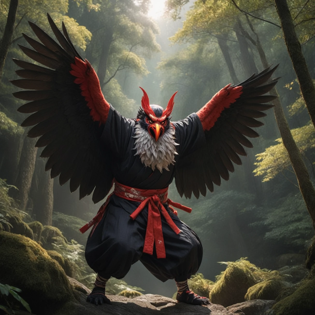 A realistic depiction of Tengu in a mountainous area with dense forest. The Tengu has a strong and intimidating presence, with a red face, long nose, and fierce expression. It is dressed in traditional Japanese garments and has large, black wings. The scene is set during the day, with sunlight filtering through the trees.

