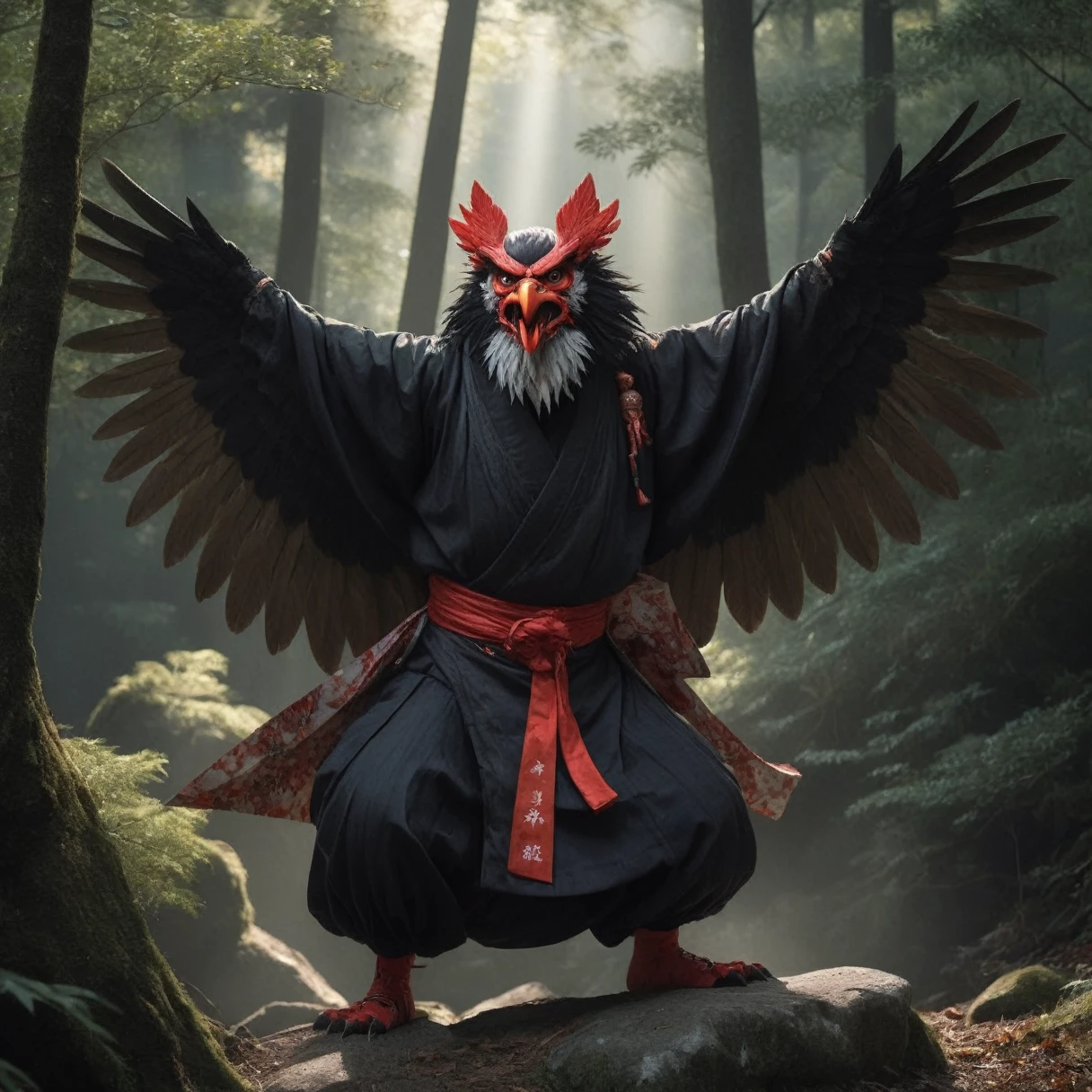 A realistic depiction of Tengu in a mountainous area with dense forest. The Tengu has a strong and intimidating presence, with a red face, long nose, and fierce expression. It is dressed in traditional Japanese garments and has large, black wings. The scene is set during the day, with sunlight filtering through the trees.

