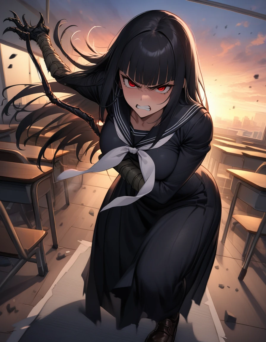 (masterpiece,best quality,very aesthetic),(ultra-detailed),nsfw,(atlach-nacha,degenerate),1girl,20yo,Statuesque,curvy,tall,long hair, black hair,straight hair,(blunt bangs),beautiful red eyes,glaring,clenching teeth,furious,rage,Hate,Abdominal injury,look down on with disdain,black serafuku in winter,long sleeves,(long skirt),white ribbon tie,torn clothes,painful,incoming attack,assaulting,swinging arm down at high speed,classroom,standing,on one knee,dusk sky,leather shoes,The setting sun is shining in the classroom,debris,(black Claws with arms fused like spider arm:1.3),solo,looking at viewer,POV