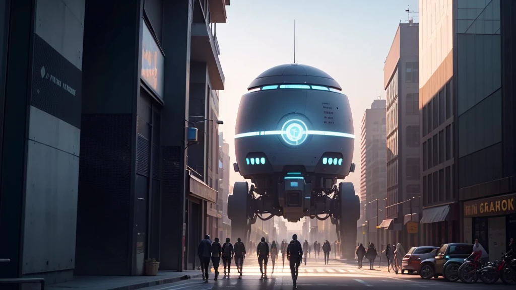 Please generate an illustration of an AIOT 5G smart city. The background should be a realistic, sci-fi style city with a blue sky. It should primarily convey technology, innovation, and convenience in daily life. No text is needed on the image. The photo style should be minimalist, sci-fi, bright, and naturally colored.