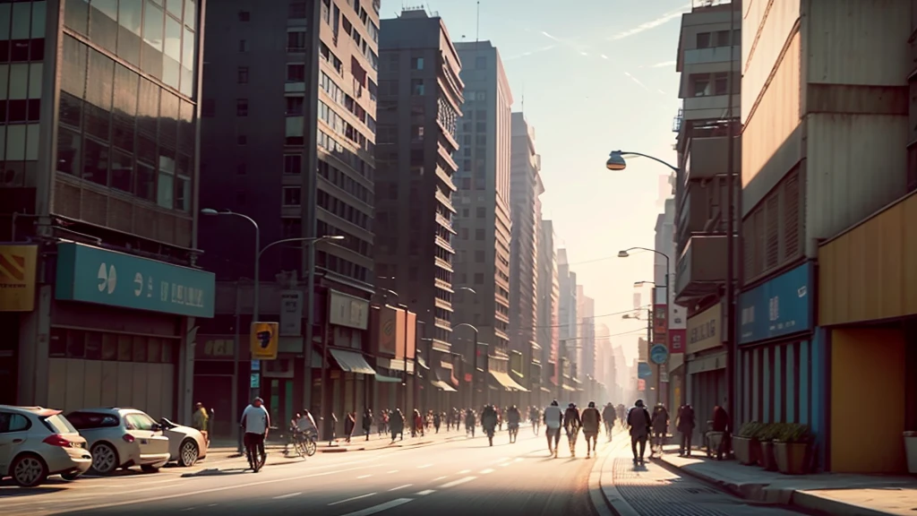 Please generate an illustration of an AIOT 5G smart city. The background should be a realistic, sci-fi style city with a blue sky. It should primarily convey technology, innovation, and convenience in daily life. No text is needed on the image. The photo style should be minimalist, sci-fi, bright, and naturally colored.