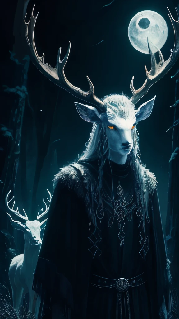 painting of a man with a deer and a moon in the background, horned god, heilung, goddess of the hunt and the moon, celtic antlered god, cernunnos, ancient antler deity, pagan goddess, wendigo, the wendigo, just art for dark metal music, southern gothic art, evil realm magic painting vibes, with horns