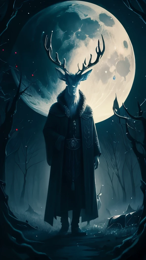 painting of a man with a deer and a moon in the background, horned god, heilung, goddess of the hunt and the moon, celtic antlered god, cernunnos, ancient antler deity, pagan goddess, wendigo, the wendigo, just art for dark metal music, southern gothic art, evil realm magic painting vibes, with horns