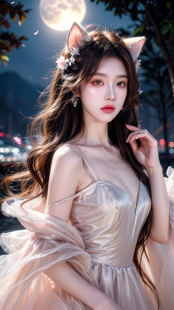 Long flowing brown hair，Fluorescent eyeshadow，Glowing pale eyes，Moon，Demon-free，Plush ears，moonlight，Flowing tulle，Best picture quality，Transparent flowers，Gradient petals，Flower hairpin，Noodles