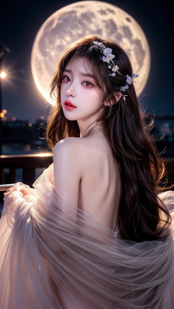 Long flowing brown hair,Fluorescent eyeshadow,Glowing pale eyes,Moon,Demon-free,Plush ears,moonlight,Flowing tulle,Best picture quality,Transparent flowers,Gradient petals,Flower hairpin,Noodles