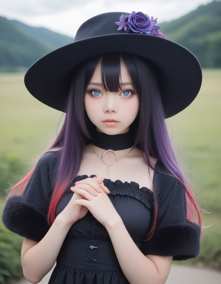 score_9, score_8_up, score_7_up, score_6_up,score_anime, realistic,real,photorealistic,cowboy shot,1girl, , black hair, black headwear, blue eyes, blurry, blurry background, breasts, closed mouth, cloud, cloudy sky, colored inner hair, depth of field, dress, facing viewer, fur trim, fur-trimmed coat, gradient hair, hair between eyes, halo, hand up, hat, jewelry, light blush, long hair, looking at viewer, medium breasts, multicolored hair, necklace, outdoors, own hands together, parted lips, profile, purple flower, purple hair, short sleeves, sidelocks, sky, solo, standing, very long hair, red hair, black dress, gothic dress, dark makeup