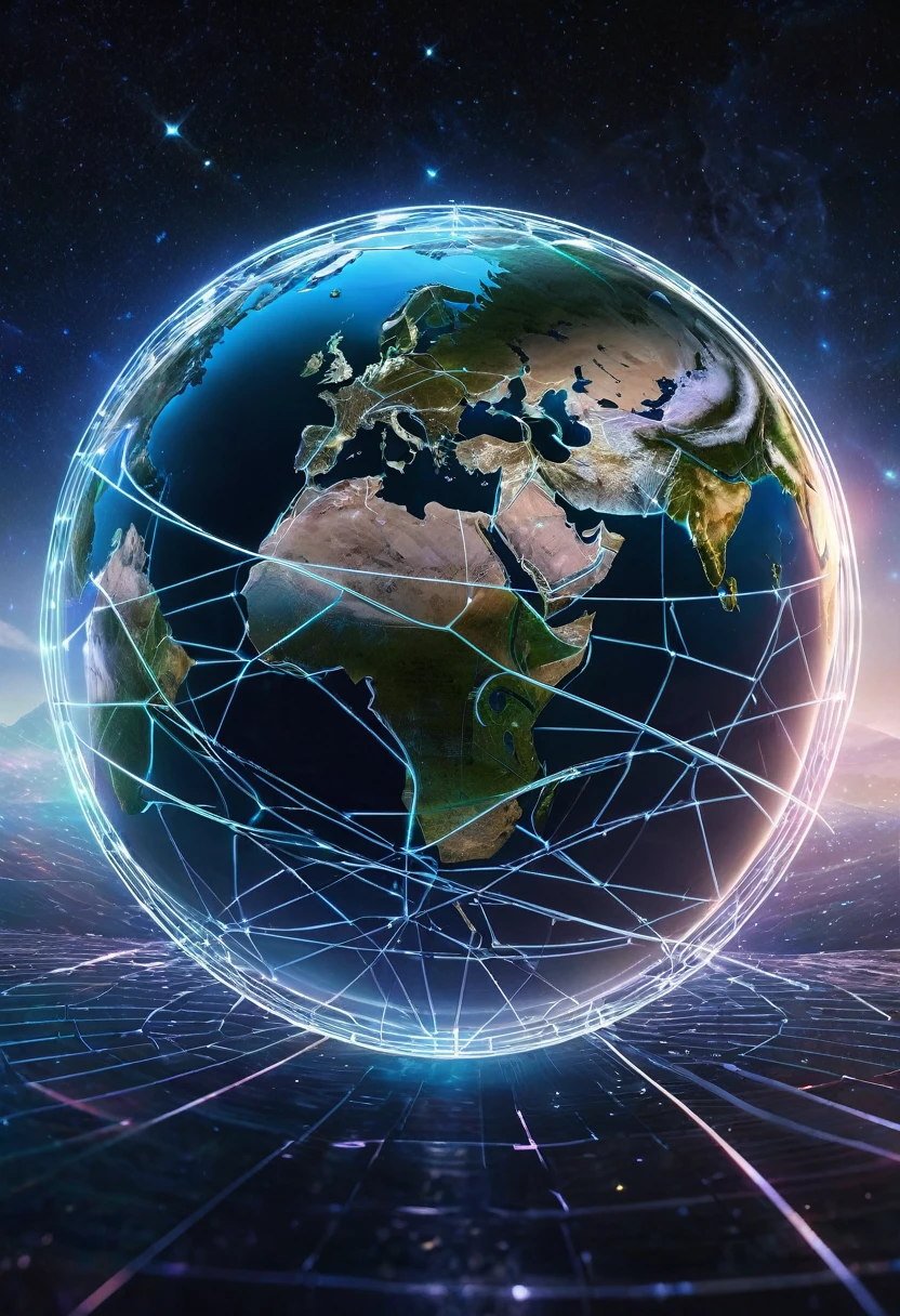 a digital illustration featuring Earth viewed from space, transparant, enveloped by a network of interconnected lines forming a geometric grid. The Earth should be depicted with realistic details, showcasing continents and oceans. The background should be a dark, star-filled expanse with a bluish hue, creating a sense of depth and vastness. Incorporate a futuristic, holographic interface overlaying the scene, with circular patterns and glowing elements to emphasize a high-tech, sci-fi aesthetic. The overall mood should be mysterious and awe-inspiring, highlighting the beauty and complexity of our planet in the context of advanced technology.