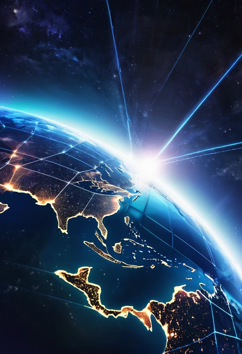 a digital illustration featuring Earth viewed from space, transparant, enveloped by a network of interconnected lines forming a geometric grid. The Earth should be depicted with realistic details, showcasing continents and oceans. The background should be a dark, star-filled expanse with a bluish hue, creating a sense of depth and vastness. Incorporate a futuristic, holographic interface overlaying the scene, with circular patterns and glowing elements to emphasize a high-tech, sci-fi aesthetic. The overall mood should be mysterious and awe-inspiring, highlighting the beauty and complexity of our planet in the context of advanced technology.