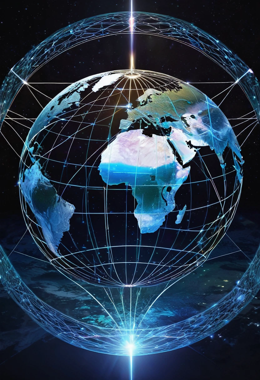 a digital illustration featuring Earth viewed from space, transparant, enveloped by a network of interconnected lines forming a geometric grid. The Earth should be depicted with realistic details, showcasing continents and oceans. The background should be a dark, star-filled expanse with a bluish hue, creating a sense of depth and vastness. Incorporate a futuristic, holographic interface overlaying the scene, with circular patterns and glowing elements to emphasize a high-tech, sci-fi aesthetic. The overall mood should be mysterious and awe-inspiring, highlighting the beauty and complexity of our planet in the context of advanced technology.