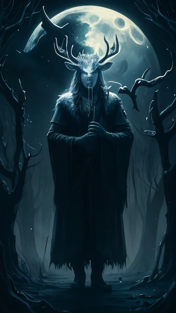 painting of a man with a deer and a moon in the background, horned god, heilung, goddess of the hunt and the moon, celtic antlered god, cernunnos, ancient antler deity, pagan goddess, wendigo, the wendigo, just art for dark metal music, southern gothic art, evil realm magic painting vibes, with horns