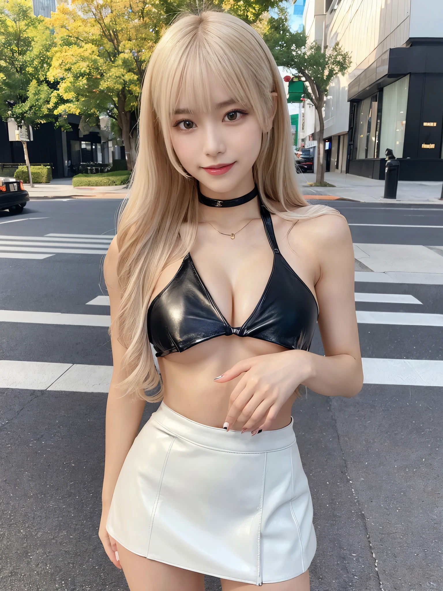 (Full Body Shot:1.3),( Masterpiece, Highest quality), 98k, ((Perfect Anatomy:1.2)),Beautiful Japanese Women, Succubus,(One person:1.3), 20-year-old, Small face,(Cute face:1.2),Smiling, Larger breasts, ,Beautiful and detailed eyes, Evenly spaced eyes 1.2, long platinum blonde hair,(Random Hairstyles), (Highly detailed face and skin texture), Beautiful face in golden proportions,White skin,(Black leather mini skirt:1.2),(Random sexy poses:1.2)、(Expose the valley:1.3),(Exposing your thighs:1.2),Gal Makeup,Halter neck
