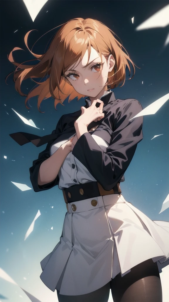 (masterpiece, Highest quality:1.2), Cowboy Shot, alone, One girl, kugisaki nobara, Expressionless, Mouth closed, View your viewers, Black jacket, skirt, pantyhose ,
break masterpiece ,8k unity wallpaper,anime key visual,highest quality, High resolution, (shape:0.8),anime coloring,
highly detailed face, detailed eyes,growing eyes,shiny skin,fine skin,white skin,dense skin,detailed hair,highly detailed legs,
perfect lighting, Detailed CG,
(perfect hands, perfect anatomy),High resolution,
Break slender limbs, delicate curves, dainty hands,figure:0.8,