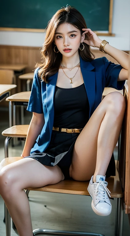 ((8K, high resolution,Masterpiece, best quality, alone, complicated details, Chromatic aberration), realistic, ((chestกลาง)), ((chest)), ((chest)), (chestหย่อนคล้อย.), hair in one eye, big round hoop earrings, Diamond choker, Gold Necklace, silver necklace, small watch, bangle, bracelet, bangleข้อเท้า, waist necklace, (symmetrical eyes),(Perfect symmetrical body), (Photo of a beautiful age girl in her 20s.), Beautiful and charming with contemporary fashion paintings as well..., looking at the audience, ((Behind the scenes of a large classroom)), (black short skirt), (((blue jacket, short sleeve)​, ((เสื้อshort sleeveสีขาว, เปิดchest, Show off your breasts), (open your shirt.), ), (เปิดchest), (chestหย่อนคล้อย.))), (()), (Long square leather belt buckle), ((Put your hands down.)), (Bob, medium length hair,big curls, Side flatness, Golden blonde brown hair, (There is a thin layer of hair covering the face...)), sharp eyeliner, eyelid, Blush, have thick eyelashes, sharp eyes, purple eyes, pink cheeks, Very delicate and beautiful, round chin, Sharp focus, elegant, (sitting on the study table..), (Sit with your legs spread apart., feet free, Showing off faint underwear), (), (Close-up full body photo, saw sneakers ) 