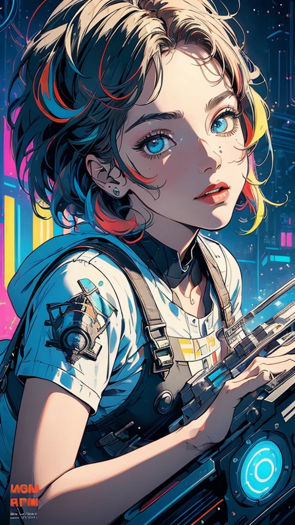 (best quality, sketch:1.2), ultra details ayes, epic realistic,illustrator,anime,1 women,hdr, detailed lips,custom, bad women, details, neon-blue gradient, ((background dark monochrome)), purple hair,textured cropping, masterpiece, style retro classic, stocking suspenders, ultra details, background dinamic haos