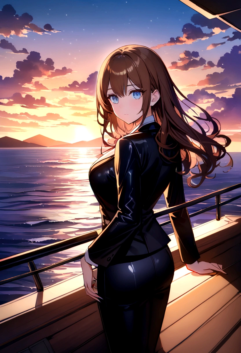 (Highest quality)(man,brown hair,blue eyes,Black suit shirt,black pants)(woman,long hair,brown hair,blue eyes,sexy figure ,Black suit shirt,black skirt)Turn to look at the viewer,standing on the edge of the boat,Beautiful morning light(boat roof, overlooking the sea, Detailed background (little light pollution)) look back