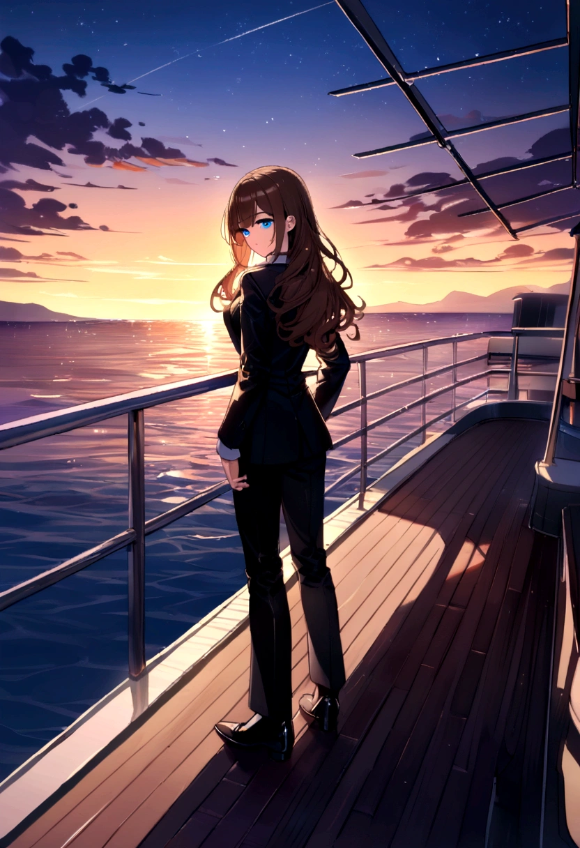 (Highest quality)(man,brown hair,blue eyes,Black suit shirt,black pants)(woman,long hair,brown hair,blue eyes,sexy figure ,Black suit shirt,black skirt)Turn to look at the viewer,standing on the edge of the boat,Beautiful morning light(boat roof, overlooking the sea, Detailed background (little light pollution)) look back