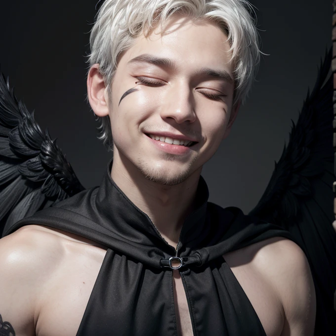 Angel,short white hair, smiling, closed eyes, scars on his face, big black wings, wearing black cape