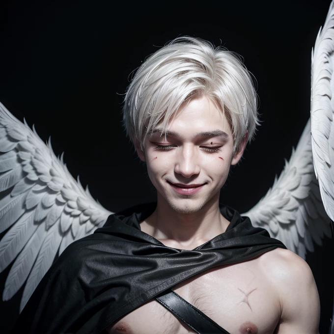 Angel,short white hair, smiling, closed eyes, scars on his face, big black wings, wearing black cape
