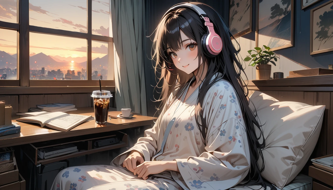 ((8k of extremely detailed CG unit, Masterpiece, high resolution, highest quality, highest quality real texture skin)), (((Japanese patterned pajamas))), (((Cute room))), (((Japanese style headphones))), (((iced coffee))), (((Smiling and listening to music))), ((1 girl)), (Black hair, messy hair, beige skin), (Surreal, digital painting)