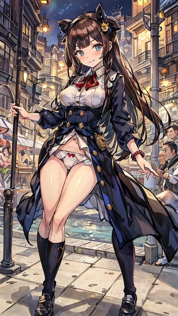 {Highest quality], [Super beautiful], [Ultra fine], [Best illustration], NSFW,Brown Hair, Hime cut, Long Hair, With bangs, girl,high school student,uniform,knit,skirt,smile, blush, Slender women, Adult women,Standing posture,(Public),Night Park,Summer festival,diagonal, Navy blue knee socks,Black Loafers、Stripes々
Panties、In underwear