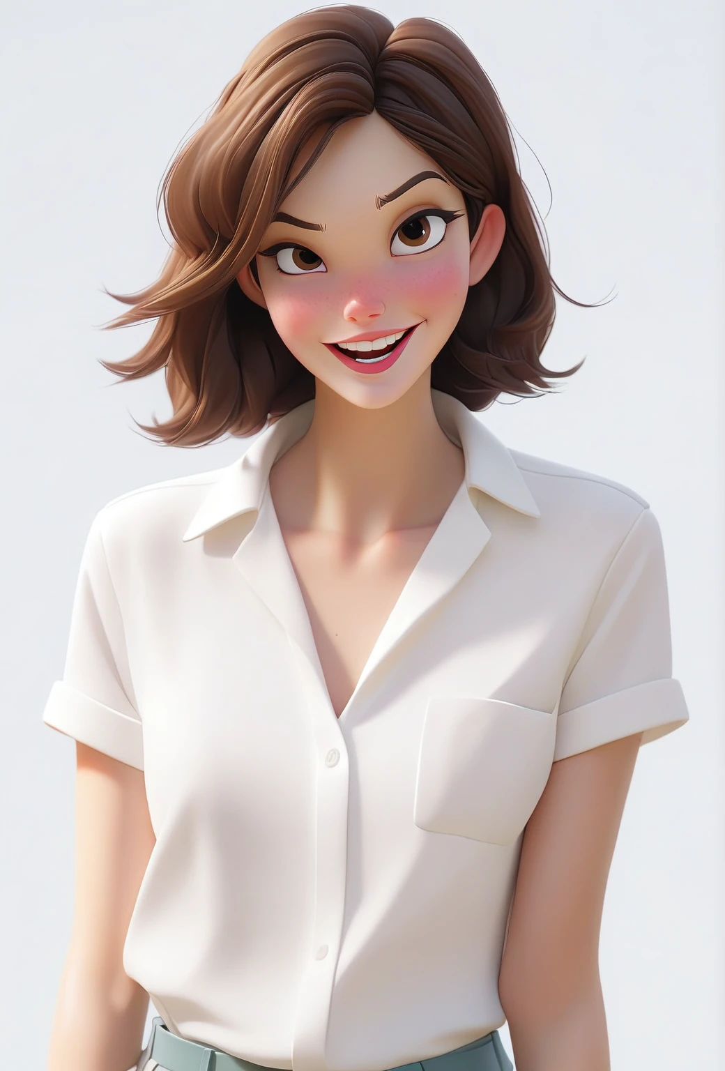 4k，Highly fine-grained，（迪士尼皮克斯3dCartoon风格：1.15）,A short-haired girl in a white shirt，Cartoon，3d,HD，best quality，Smile,laughing out loud，masterpiece，best quality，Perfect eyes