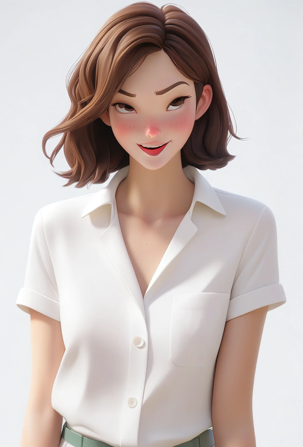 4k,Highly fine-grained,(迪士尼皮克斯3dCartoon风格:1.15),A short-haired girl in a white shirt,Cartoon,3d,HD,best quality,Smile,laughing out loud,masterpiece,best quality,Perfect eyes