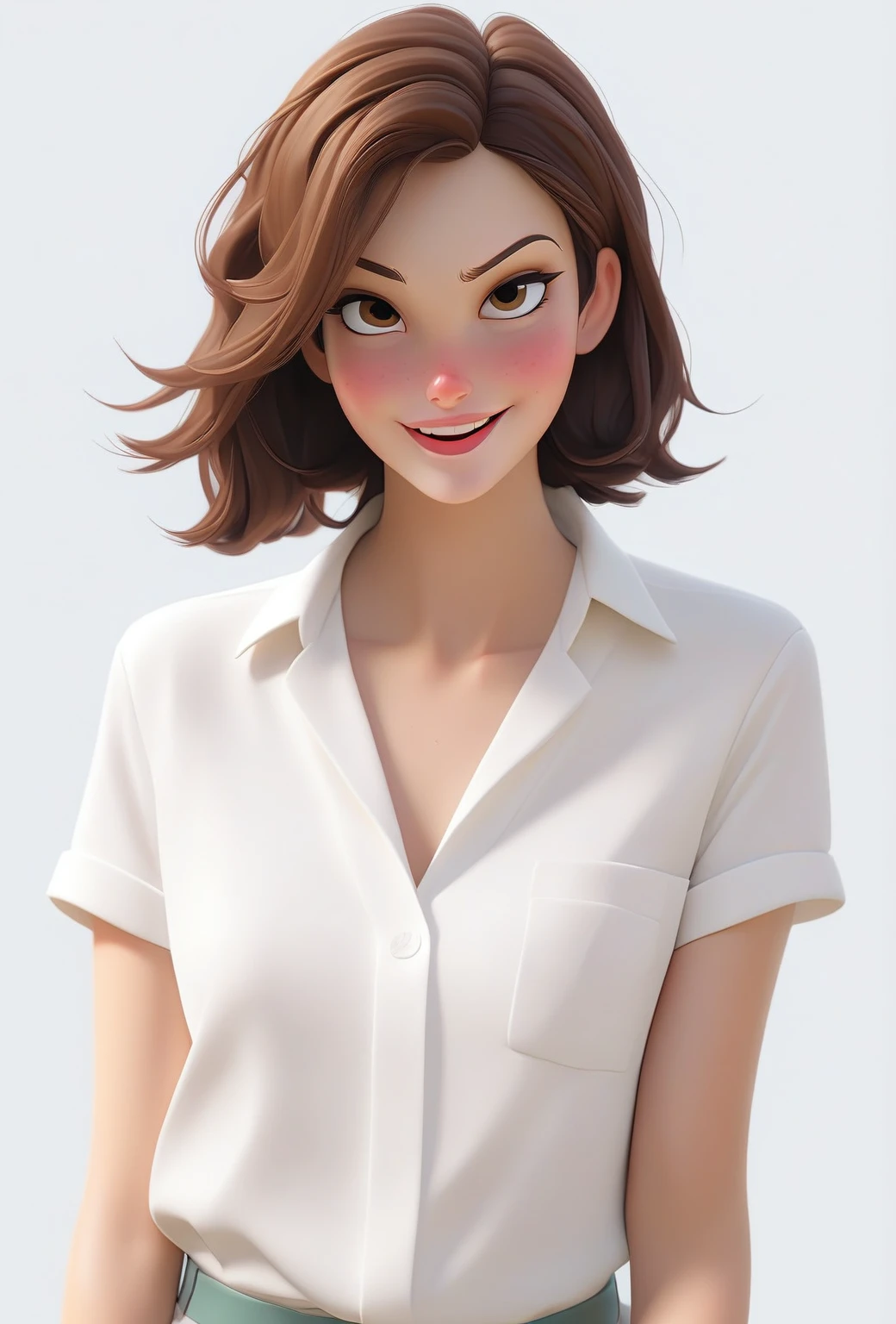 4k,Highly fine-grained,(迪士尼皮克斯3dCartoon风格:1.15),A short-haired girl in a white shirt,Cartoon,3d,HD,best quality,Smile,laughing out loud,masterpiece,best quality,Perfect eyes
