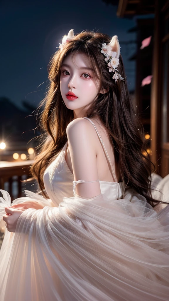 Long flowing brown hair,Fluorescent eyeshadow,Glowing pale eyes,Moon,Demon-free,Plush ears,moonlight,Flowing tulle,Best picture quality,Transparent flowers,Gradient petals,Flower hairpin,Noodles