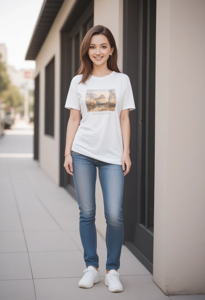 A stunning 24-year-old woman with an attractive and proportionate body, long brown hair and piercing yellow eyes, is standing facing the camera, looking at the camera, casual, attractive and proportionate body, wearing a white t-shirt and jeans, wearing white sneakers, she smiles sweetly. 8k, distant view, full body. pose variation