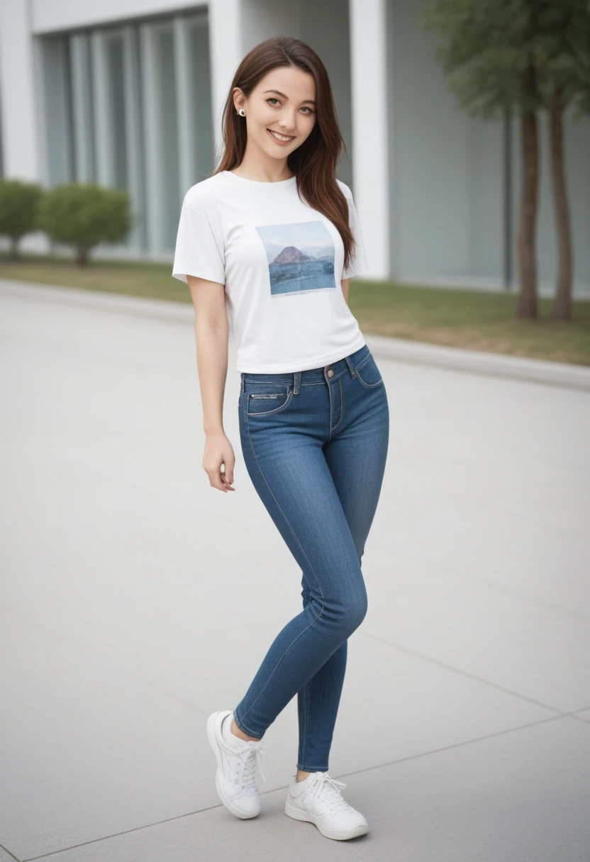 A stunning 24-year-old woman with an attractive and proportionate body, long brown hair and piercing yellow eyes, is standing facing the camera, looking at the camera, casual, attractive and proportionate body, wearing a white t-shirt and jeans, wearing white sneakers, she smiles sweetly. 8k, distant view, full body. pose variation