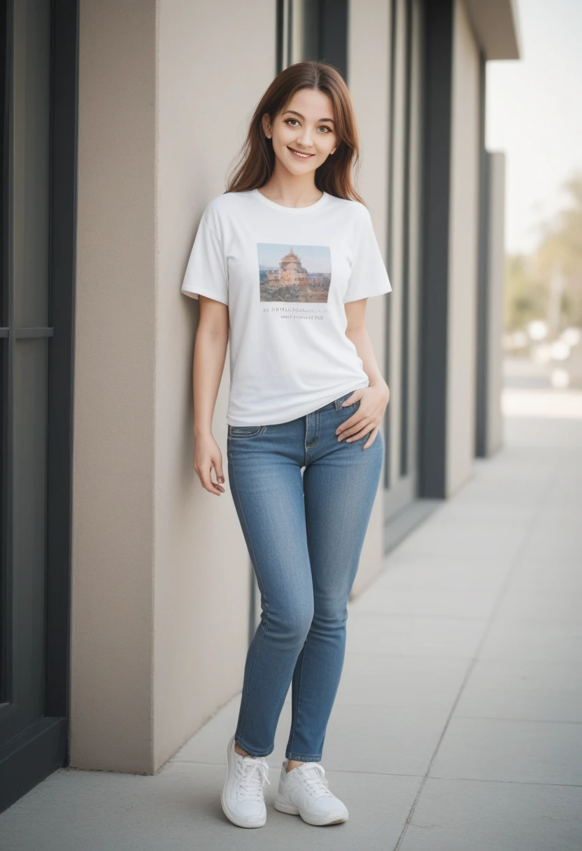A stunning 24-year-old woman with an attractive and proportionate body, long brown hair and piercing yellow eyes, is standing facing the camera, looking at the camera, casual, attractive and proportionate body, wearing a white t-shirt and jeans, wearing white sneakers, she smiles sweetly. 8k, distant view, full body. pose variation