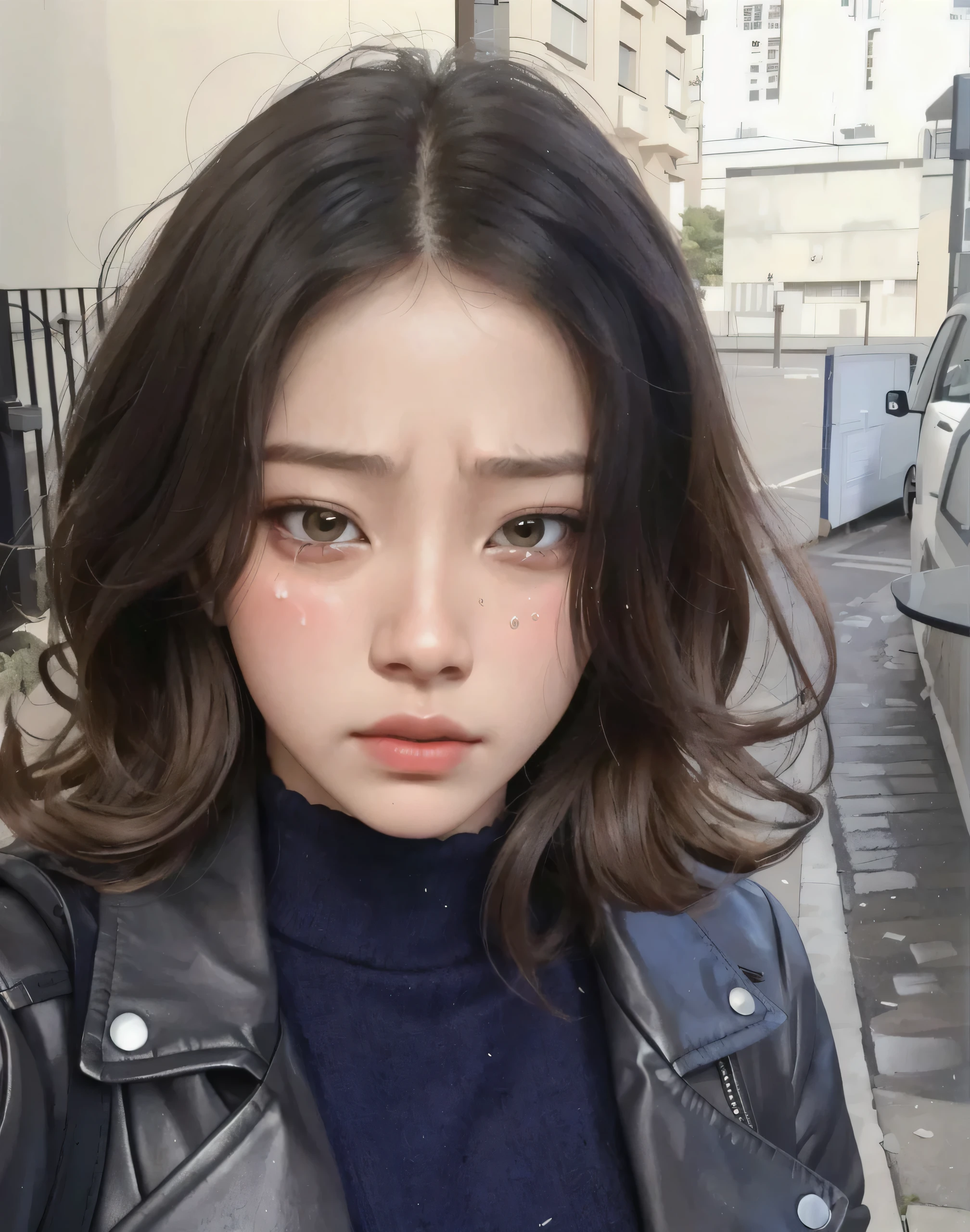 A beautiful woman looking at the camera, sad face, crying, tears on the face, masterpiece, best quality, 8k, high resolution (realistic, highly detailed), artwork, intricate details