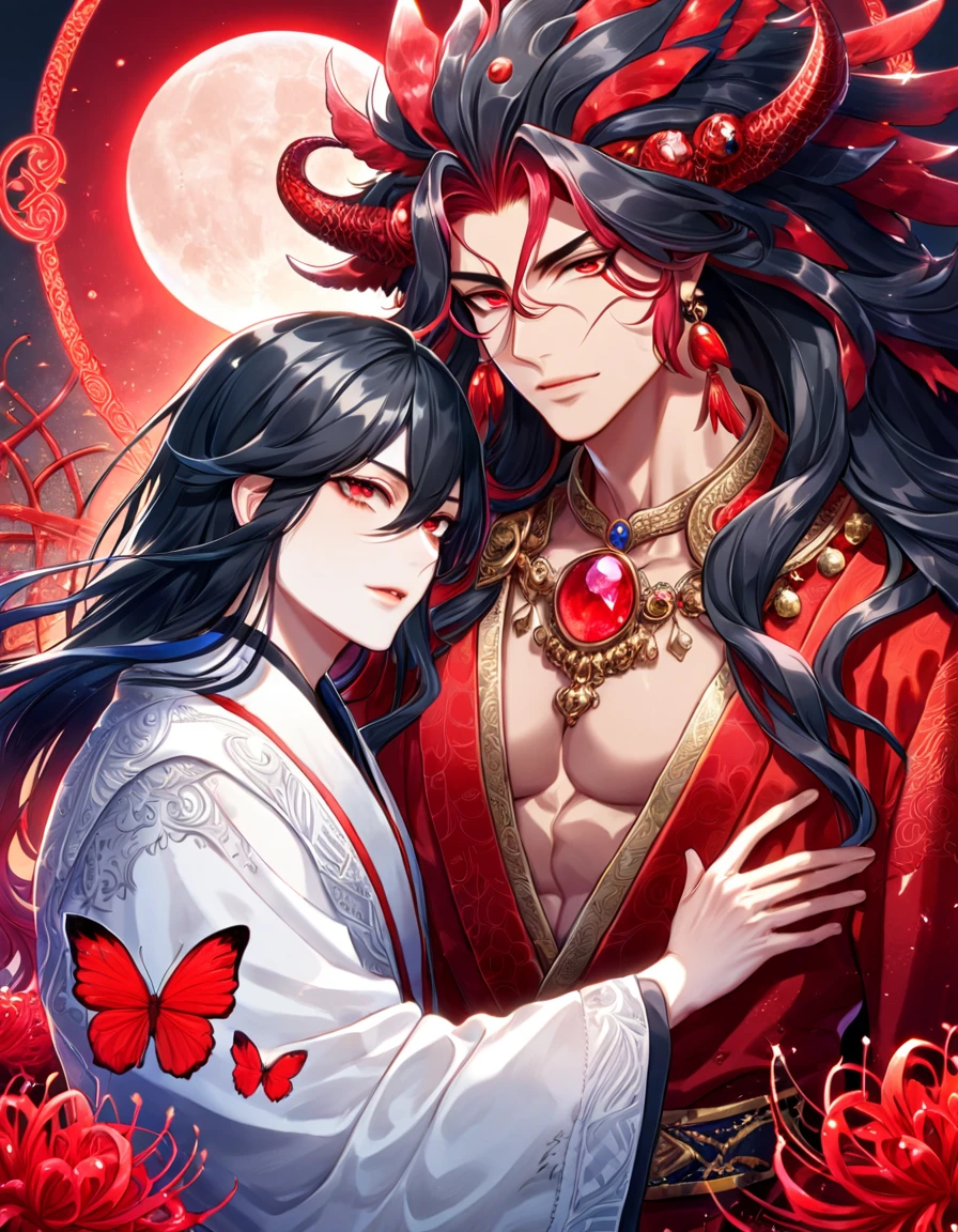 absurdres, highres, ultra detailed, HDR, master piece, best quality, extremely detailed face, delicated features, Xue Yu, untamed spiky hair, black hair, hair between the eyes, expressive red eyes, Thousand Years War, Ryomen Sukuna, pink long hair, expressive red eyes, two sexy men together, handsome, toned chest, black cape, red robes, white robes, accessories, patterns, red sky, red butterflies, red spider lilies, fantasy, magical, radiant moon