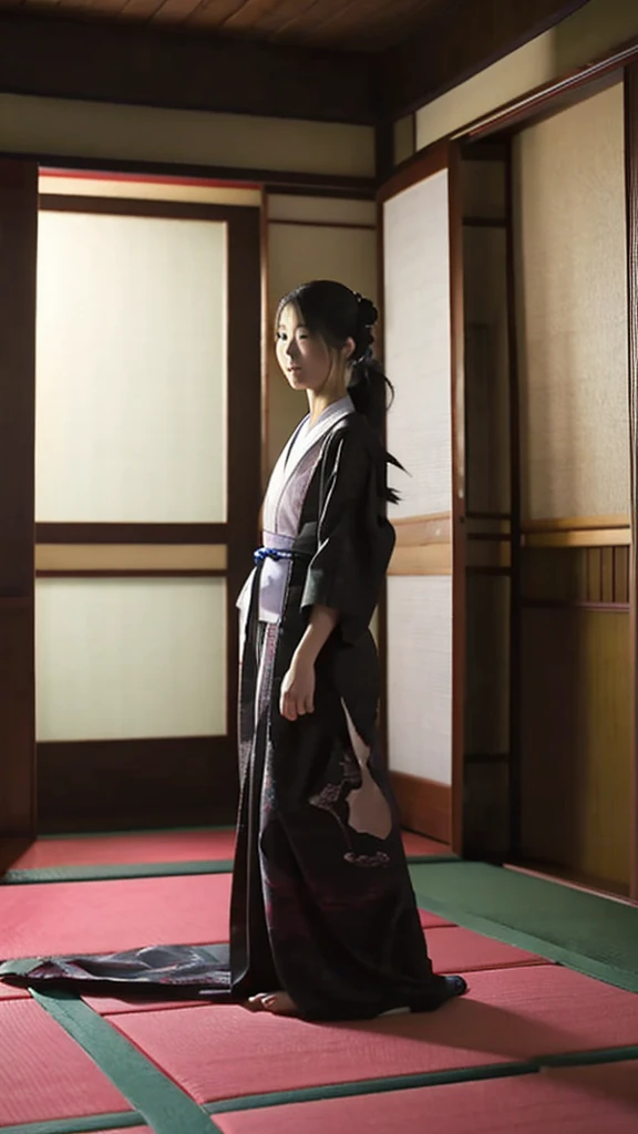 Create a realistic and lifelike image of Rokurokubi, a yokai from Japanese folklore. Depict a woman with a long, snake-like neck extending upwards and bending in a serpentine manner. She should have pale skin, long black hair, and wear a traditional Japanese kimono. The setting should be a dimly lit, traditional Japanese room with wooden floors and paper sliding doors. The atmosphere should be eerie and mysterious, emphasizing the supernatural nature of the yokai. The image should be vertical and have a 9:16 aspect ratio.