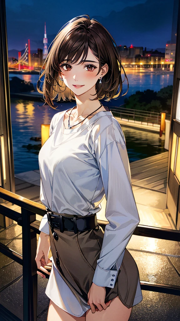 (masterpiece:1.3, Highest quality, Ultra-high resolution, Super detailed), (Realistic, photoRealistic:1.4), Beautiful illustrations, Perfect lighting, colorful, Depth of written boundary, Beautiful detailed hair, Beautifully detailed face, Beautiful fine details, Droopy eyes、Beautiful clavicle, Beautiful body, 美しいLarge Breasts, Beautiful thighs, Beautiful feet, Beautiful fingers, View Viewer、Front view:0.6, Beauty1人, Japanese, Beauty、30 years old, Perfect Face, (Perfect Anatomy, Anatomically correct), Cute and symmetrical face, Baby Face, , Shiny skin, (with thin belt、Blue long sleeve A-line shirt dress:1.4) (Dark brown hair, Short Hair:1.4), Dark brown eyes, Large Breasts, Slim body, necklace, Small earrings:1.1, (Beautiful views), (night), (city, cityscape in the distance), Riverside、bench、benchに座っている, A soft smile、(Smile, Lips parted),