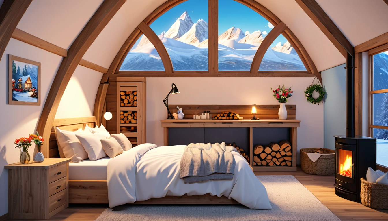 interior view of a cozy igloo house with a bed, wardrobe, small kitchen and bedroom, windows overlooking icy mountains, beautiful fireplace with a woodpile, flower vase on the table, lamp beside the bed, inspired by Disney movies, 3D