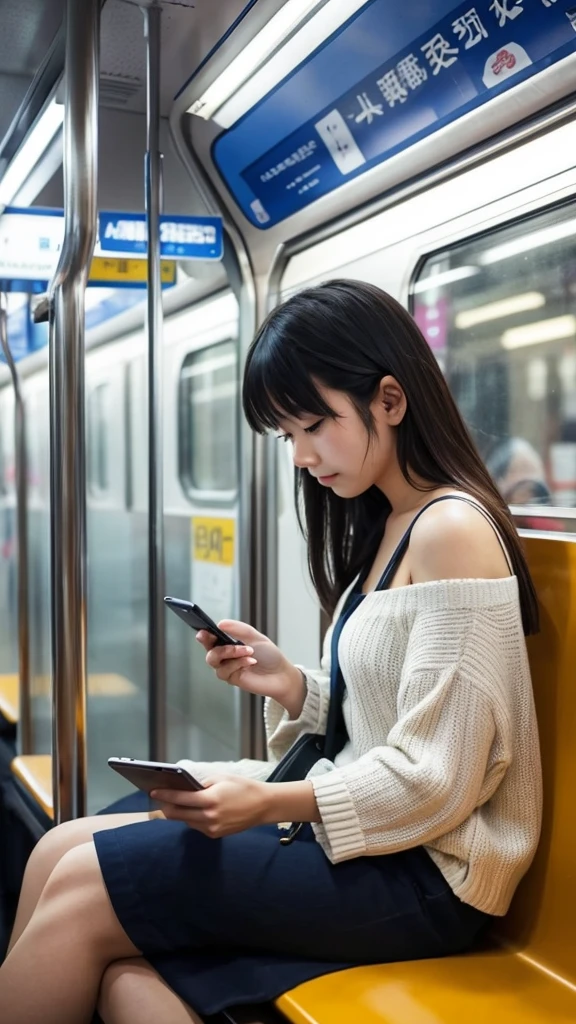 A Japanese girl in her twenties looking at her smartphone on the train