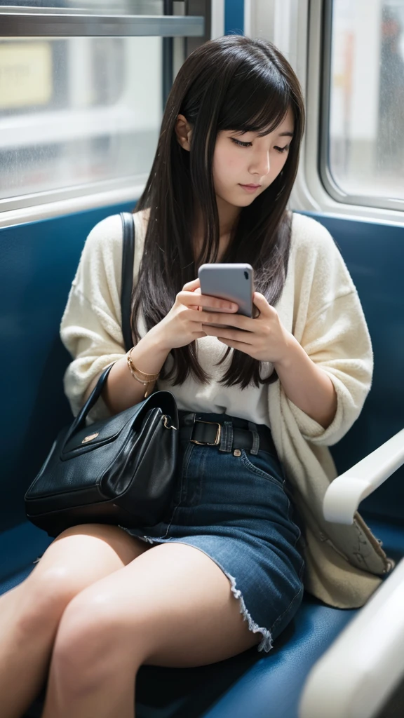 A Japanese girl in her twenties looking at her smartphone on the train