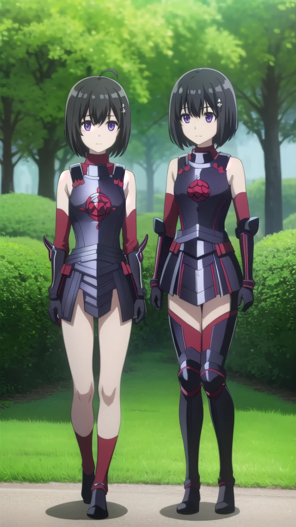 bofuriMaple, Maple, short hair, bangs, Black Hair, hair ornaments, (Purple eyes:1.1), Ahoge, Bobcut, smile,
break thighhighs, gloves, Bare shoulders, boots, black gloves, elbow gloves, armor, Red knee socks, black armor,
break outdoors, forest, nature, null, sun, cloud,
break looking at viewer, ,
break masterpiece ,8k unity wallpaper,anime key visual,highest quality, High resolution,  (shape:0.8),anime coloring,
highly detailed face, detailed eyes,growing eyes,shiny skin,fine skin,white skin,dense skin,detailed hair,highly detailed legs,
perfect lighting, Detailed CG, 
(perfect hands, perfect anatomy),High resolution,
Break slender limbs, delicate curves, dainty hands,figure:0.8,