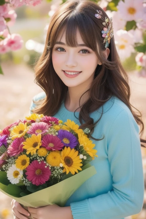 Beautiful girl holding a colorfull bouquet,giving a bouquet to the viewer,straight bangs,big smile, looking at the viewer,happy mood,shining, realistic, super detailed,16k,masterpiece,high quality,crystals are on the flowers,casual hair accessories,shining background,celebrating,enamel quilting background,